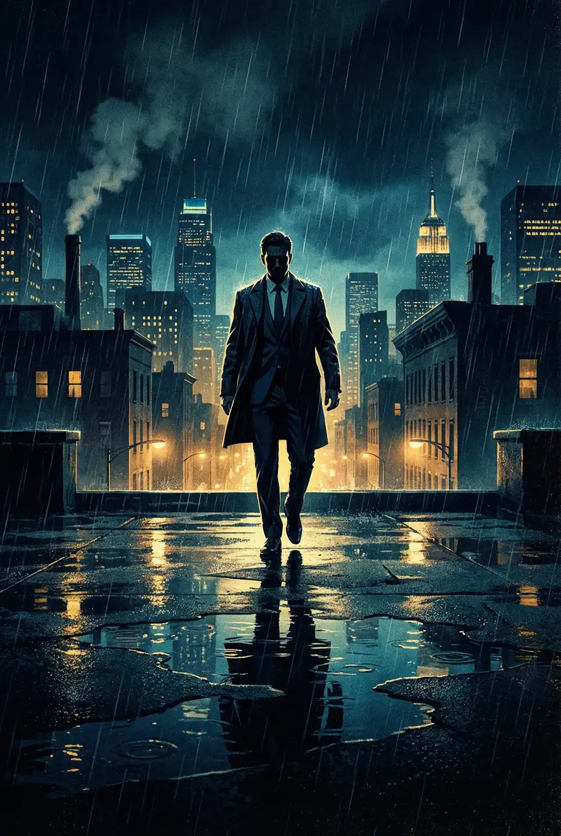 肮脏的交易 迅雷下载 出品影片《雨夜独行者》海报，雨中城市屋顶男性剪影